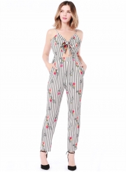 Fashion Slim Striped Floral Printed Spaghetti Strap Jumpsuit With Bow
