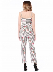 Fashion Slim Striped Floral Printed Spaghetti Strap Jumpsuit With Bow