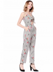 Fashion Slim Striped Floral Printed Spaghetti Strap Jumpsuit With Bow