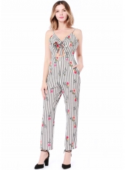 Fashion Slim Striped Floral Printed Spaghetti Strap Jumpsuit With Bow