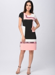 Slim Colorblock Short Sleeve Round Neck Pullover Midi Dress With Sequins