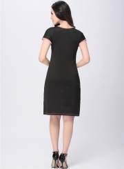 Slim Colorblock Short Sleeve Round Neck Pullover Midi Dress With Sequins