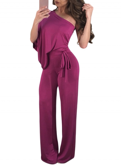 Fashion Solid Draped One Shoulder Tie Waist Wide Leg Women Jumpsuit