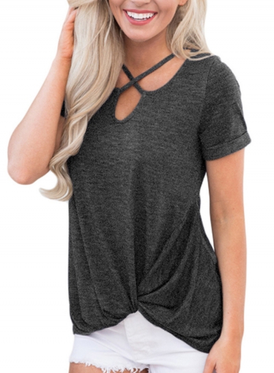 Charcoal Cross Neck Knotted Hem Blouse Top STYLESIMO.com