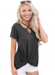 Charcoal Cross Neck Knotted Hem Blouse Top