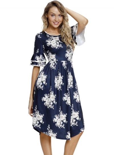 Navy Floral Print Layered Bell Sleeve Dress