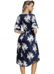 Navy Floral Print Layered Bell Sleeve Dress