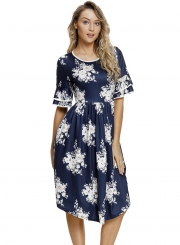 Navy Floral Print Layered Bell Sleeve Dress