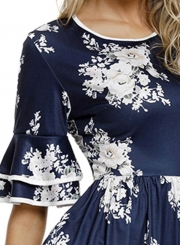 Navy Floral Print Layered Bell Sleeve Dress