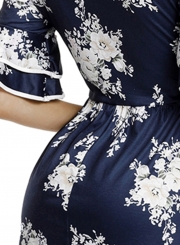 Navy Floral Print Layered Bell Sleeve Dress