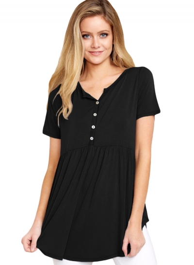 Black Button Front Babydoll Flowy Tee Top with Pleats STYLESIMO.com