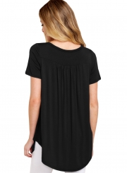 Black Button Front Babydoll Flowy Tee Top with Pleats
