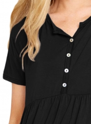 Black Button Front Babydoll Flowy Tee Top with Pleats