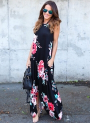 Black Floral Pocketed Holiday Maxi Boho Dress