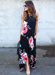 Black Floral Pocketed Holiday Maxi Boho Dress