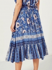 Vintage Floral Printed Elastic Waist A-line Long Skirt With Tassels