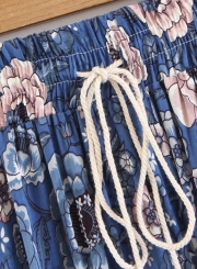 Vintage Floral Printed Elastic Waist A-line Long Skirt With Tassels