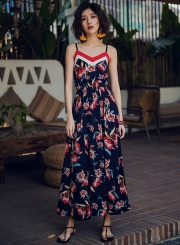 Boho Floral Printed Spaghetti Strap Elastic Waist Women Maxi Dress