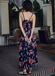 Boho Floral Printed Spaghetti Strap Elastic Waist Women Maxi Dress