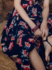 Boho Floral Printed Spaghetti Strap Elastic Waist Women Maxi Dress