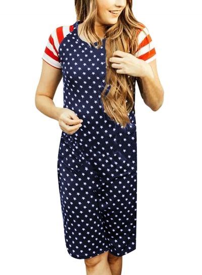 Summer Casual Stars Print Patriotic Women Tee Dress LZDINTECOMMERCE.com