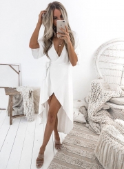 White Irregular Tie Waist High Slit Dress