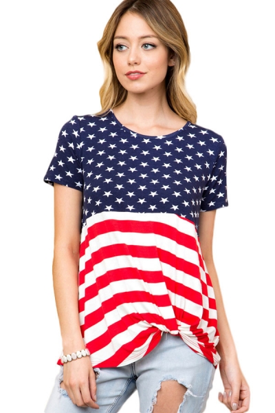 Summer The Stars and Stripes Front Knot Women T-shirt YOUYOUFASHIONEC.com