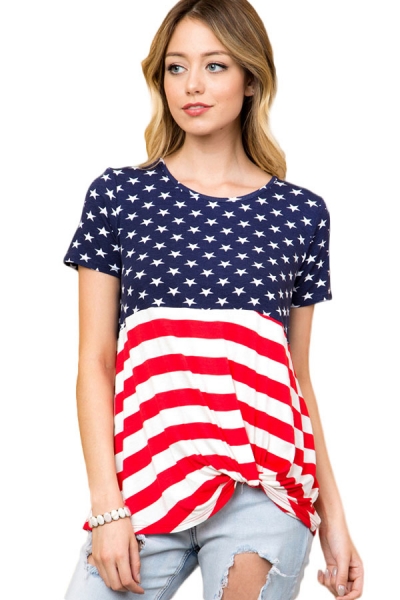 Summer The Stars and Stripes Front Knot Women T-shirt STYLESIMO.com