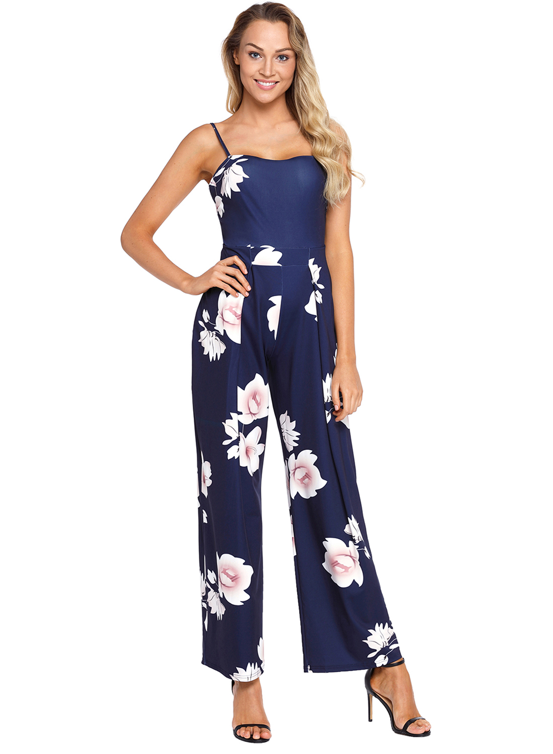navy blue floral print spaghetti strap wide leg women s jumpsuit
