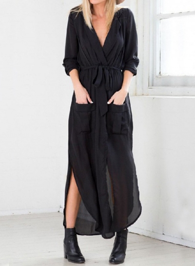 Fashion Loose Long Sleeve Slit Shirt Dress LEXELFASHIONINTSHOPS.com