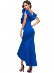 Fashion Sexy Slim Solid Ruffle Backless V Neck Maxi Dress