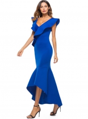 Fashion Sexy Slim Solid Ruffle Backless V Neck Maxi Dress