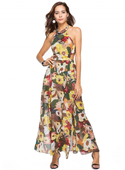 Fashion Floral Printed Halter Backless Lace-up Slit Maxi Dress LEXELFASHIONINTSHOPS.com