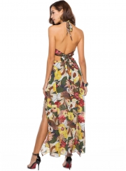 Fashion Floral Printed Halter Backless Lace-up Slit Maxi Dress