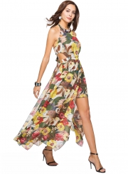 Fashion Floral Printed Halter Backless Lace-up Slit Maxi Dress