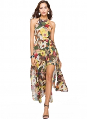 Fashion Floral Printed Halter Backless Lace-up Slit Maxi Dress