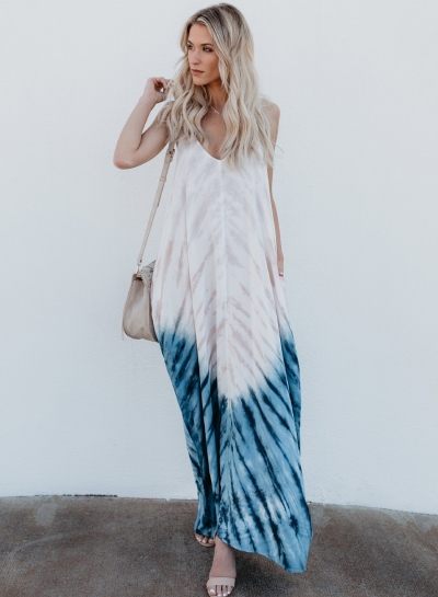 Loose Printed Sleeveless Backless V Neck Maxi Dress With Pockets LEXELFASHIONINTSHOPS.com