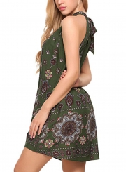 Fashion Loose Popper Printed Sleeveless Halter Neck Women Mini Dress