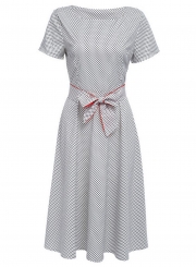 Vintage Tie Waist Short Sleeve Round Neck Dress With Polka Dots