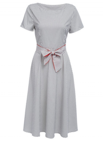 Vintage Tie Waist Short Sleeve Round Neck Dress With Polka Dots YOUYOUFASHIONEC.com