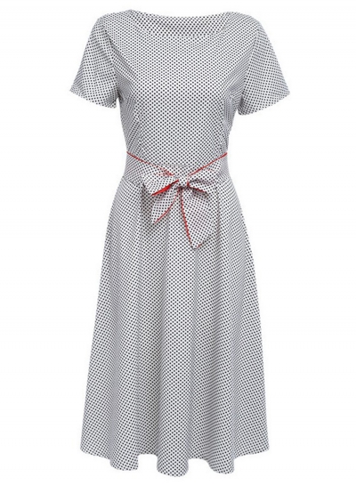 Vintage Tie Waist Short Sleeve Round Neck Dress With Polka Dots STYLESIMO.com