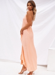 Boho Solid Halter Backless Sleeveless High Slit Maxi Dress