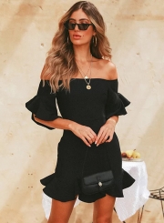 Fashion Slim Black Flounce Sleeve Off The Shoulder Mini Dress For Women