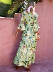 Irregular Floral Printed Waist Tie Half Sleeve V Neck Chiffon Maxi Dress