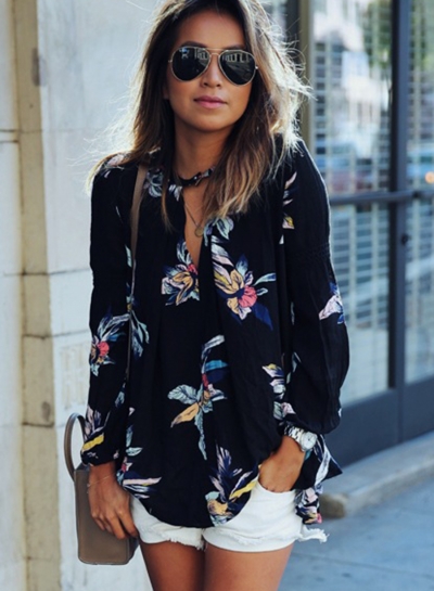Fashion Casual Loose Floral Printed Long Sleeve V Neck Women Blouse