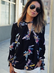Fashion Casual Loose Floral Printed Long Sleeve V Neck Women Blouse