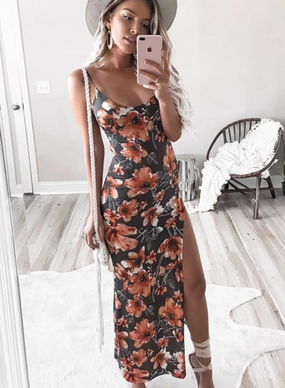 Fashion Slim Floral Printed Spaghetti Strap Backless Slit Maxi Dress LZDINTECOMMERCE.com