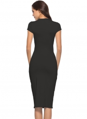 Fashion Slim Black Short Sleeve Round Neck Pullover Midi Dress