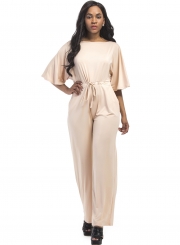 Solid Half Sleeve Round Neck Waist Tie Wide Leg Jumpsuit With Pockets