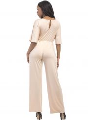 Solid Half Sleeve Round Neck Waist Tie Wide Leg Jumpsuit With Pockets